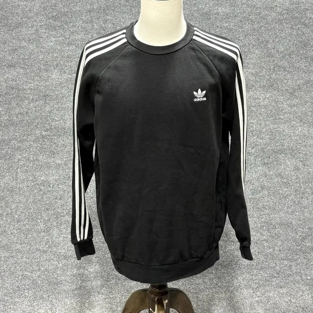 Adidas Sweatshirt Mens Large Black Pullover Fleece Crewneck 3 Stripes Trefoil